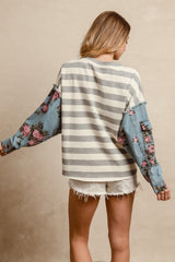Ivory and Gray Striped Top with Denim Floral Printed Sleeves