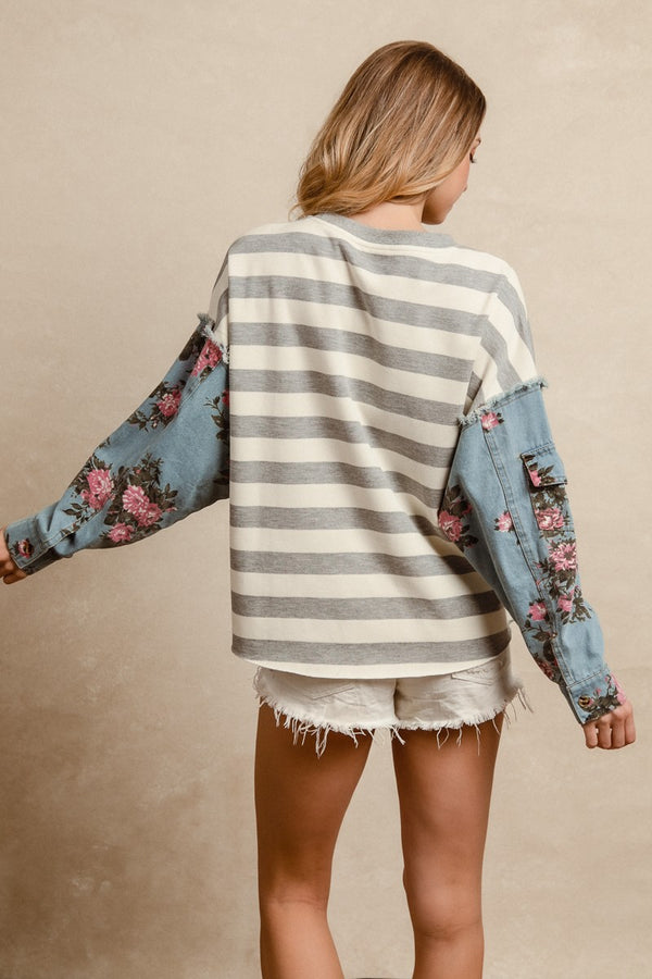 Ivory and Gray Striped Top with Denim Floral Printed Sleeves