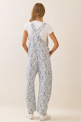 Curvy White and Blue Floral Print Cropped Overalls