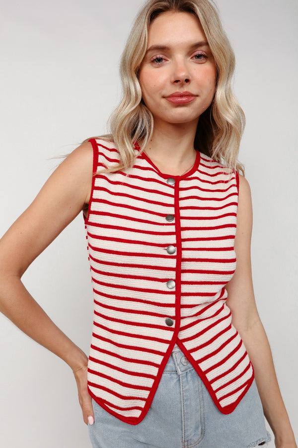 Red and White Textured Button Down Vest