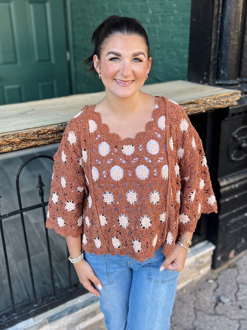 Rust 3/4 Sleeve Crochet Top