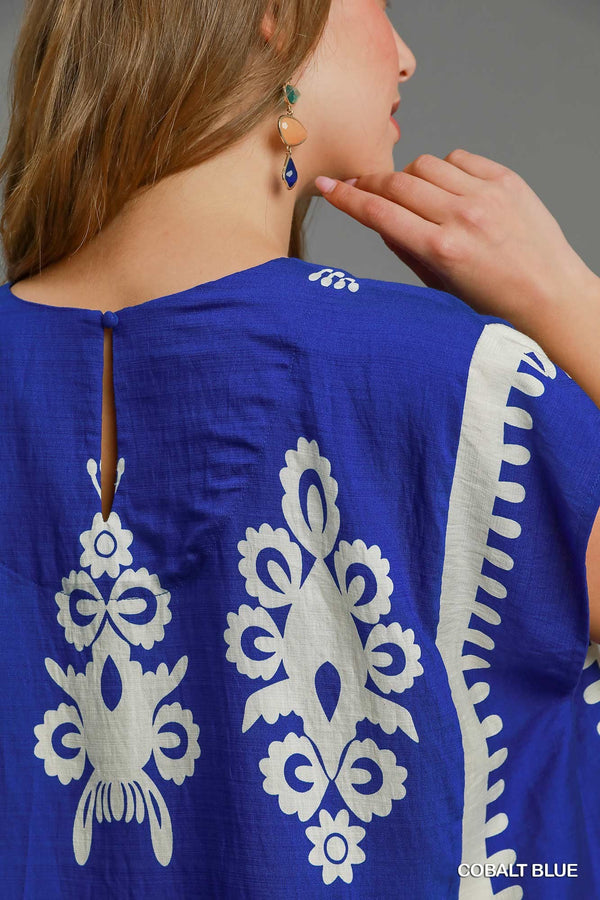 Blue Short sleeve Top W/ White Design