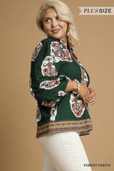 Curvy Forest Green Boho Floral Print Tunic Top