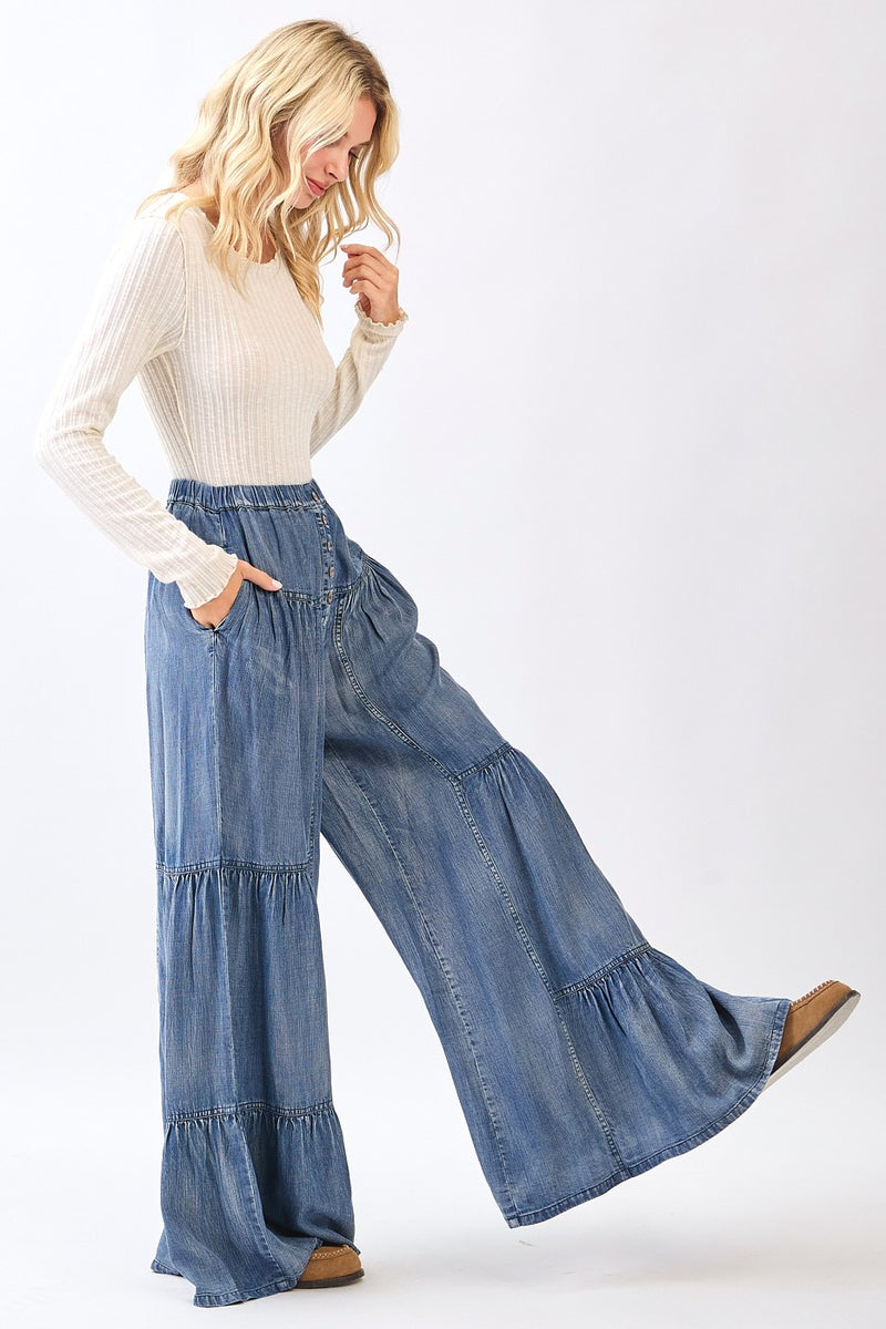Chambray Tiered Flare Pants With Button Details