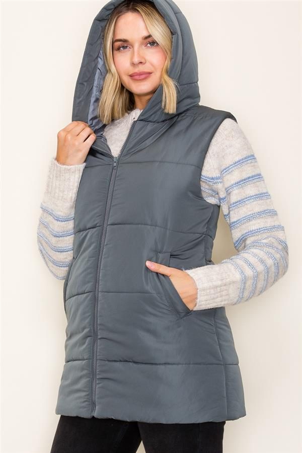 Gun Metal Zip Front Solid Hooded Duster Puffer