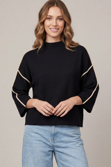 3/4 Sleeve Mock Neck Trimmed Sweater