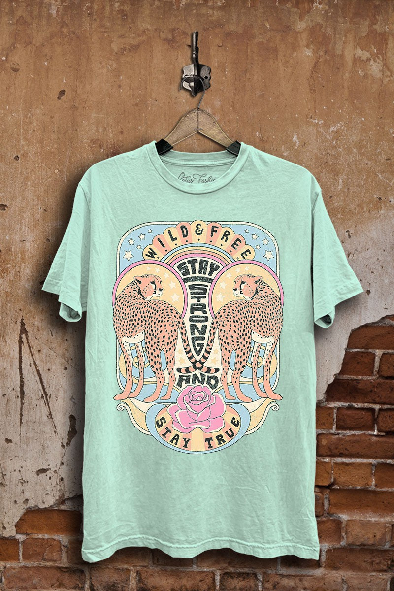 Mint Mineral Wash Wild and Free Leopards Graphic Tee