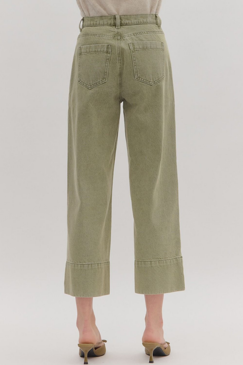 Olive Snow Wash Wide Leg Front Seam Pant