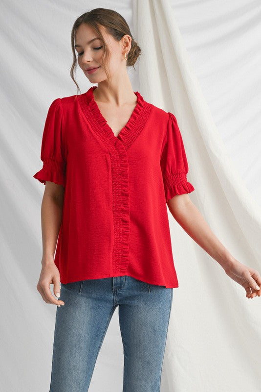 Solid Smocked Frilled V-Neck
