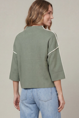 Olive 3/4 Sleeve Mock Neck Trimmed Sweater