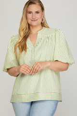 Curvy Sage Striped Bubble Sleeve Top