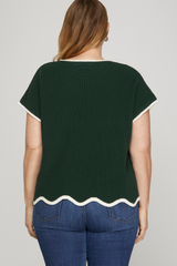 Forest Green Drop Shoulder Scalloped Hem Sweater