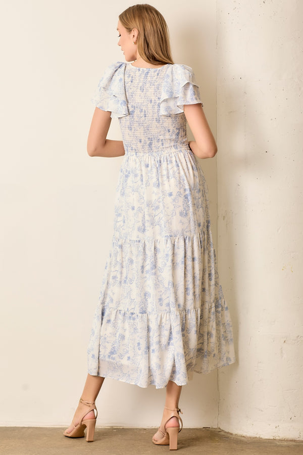 Blue Floral Print Ruffle Sleeve Dress