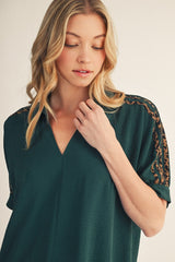 Green Leopard Contrast Shoulder Detail Top