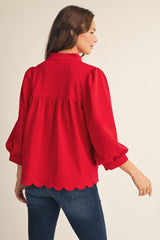 3/4 Puff Sleeve V Neck Scallop Hem Top