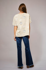 Beige Western Printed Round Neck Short Sleeve Top