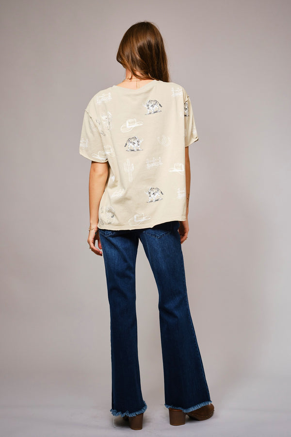 Beige Western Printed Round Neck Short Sleeve Top