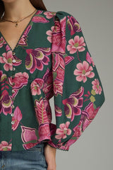 Green Floral V Neck Button front Top