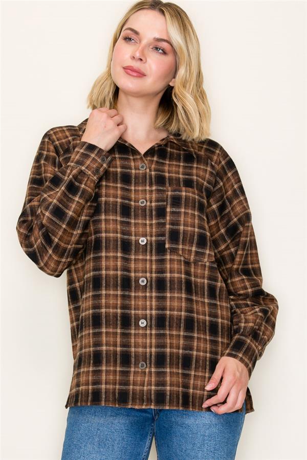 Taupe Plaid Button Down Top