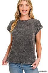 Crinkle Wash Round Neck Folded Short Sleeve Tee