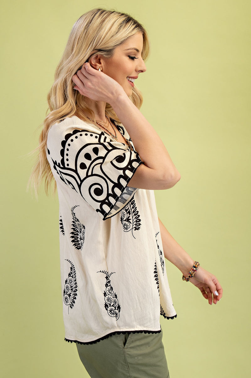 Cream V-Neck Top with Decorative Trim