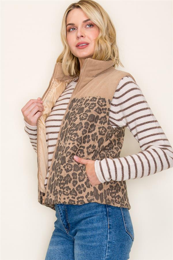 Oatmeal Corduroy and Leopard Contrast Vest