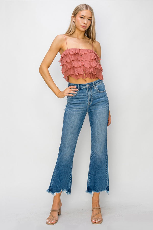 Curvy Cleo's High Rise Crop Flare Fray Hem Jeans