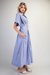 Blue Striped Pleated Maxi Dress