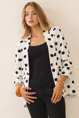 Polka Dot Blazer with 3/4 Length Ruched Sleeves