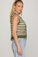Olive Sleeveless Front Button Closure Striped Knit Vest