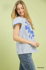 Blue and White Stripe Applique Cap Sleeve Top