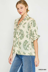 Green Linen V Neck Top