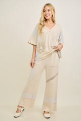 Beige Patchwork and Floral Applique Pants