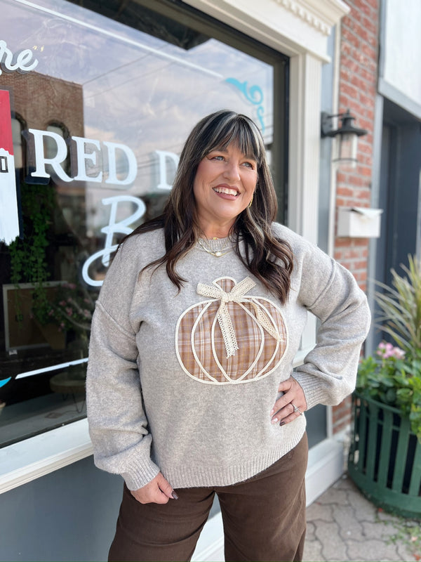 Gray Plaid Pumpkin Sweater With Lace Bow
