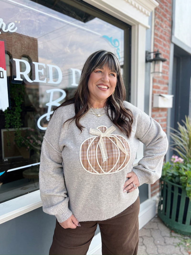 Gray Plaid Pumpkin Sweater With Lace Bow