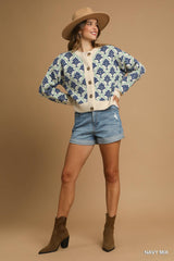 Navy and Green Patterned Cardigan