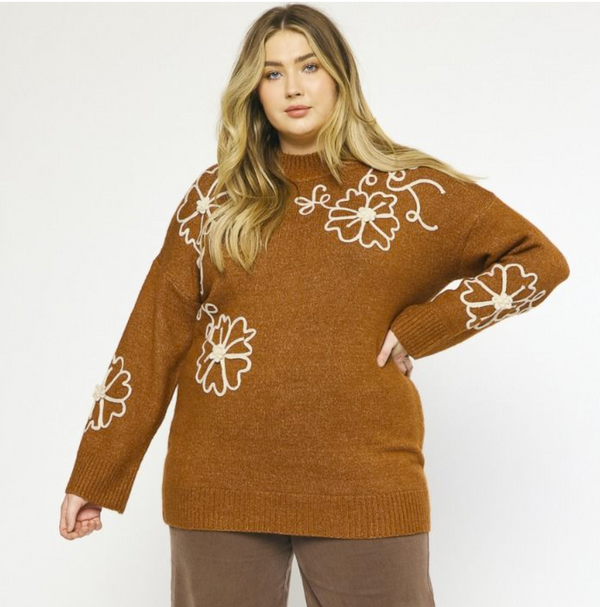 Curvy Floral Embellished Sweater Rust