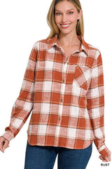 Lighweight Plaid Button Down Shacket With Pocket