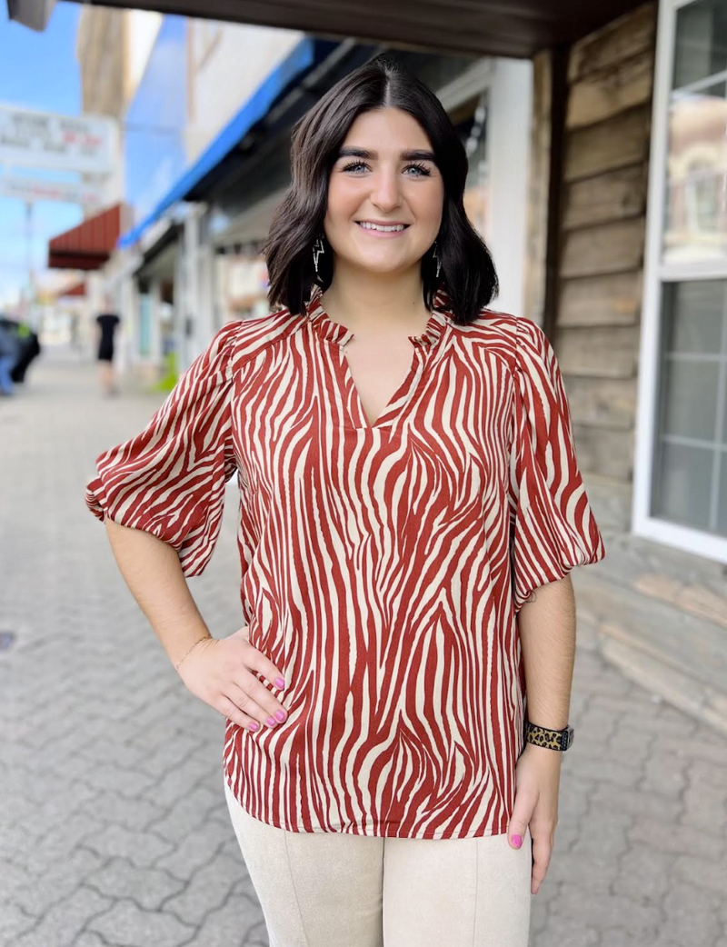 Rust Zebra Print Puff Sleeve Top