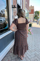 Brown Plaid Puff Sleeve Ruffle Midi Dress