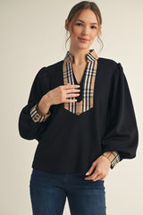 Plaid Contrast V-Neck Top