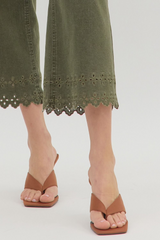 Olive High Waist Crop W/ Floral Embroidered Hem