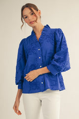 Blue Embroidered Button Up Long Sleeve Top