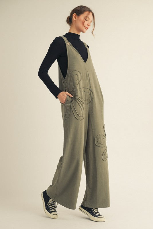 Raw Edge Patched Floral Overalls