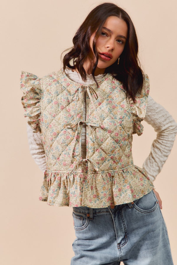 Beige Multi Floral Woven Print Ruffled Quilted Vest