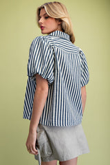 Navy and White Striped Puff Sleeve Button Down Top