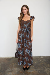 Dark Brown Floral Ruffle Strap Dress