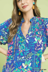 Blue Multi Color Floral Print Flutter Sleeve Top