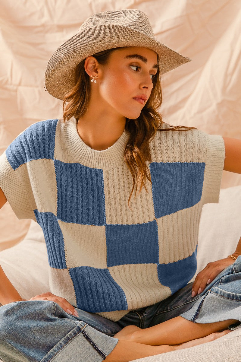 Ivory and Blue Checkered Knit Sweater