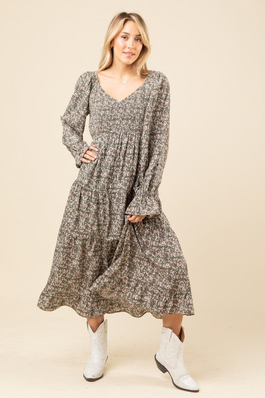 Olive Smocked Floral Midi Dress